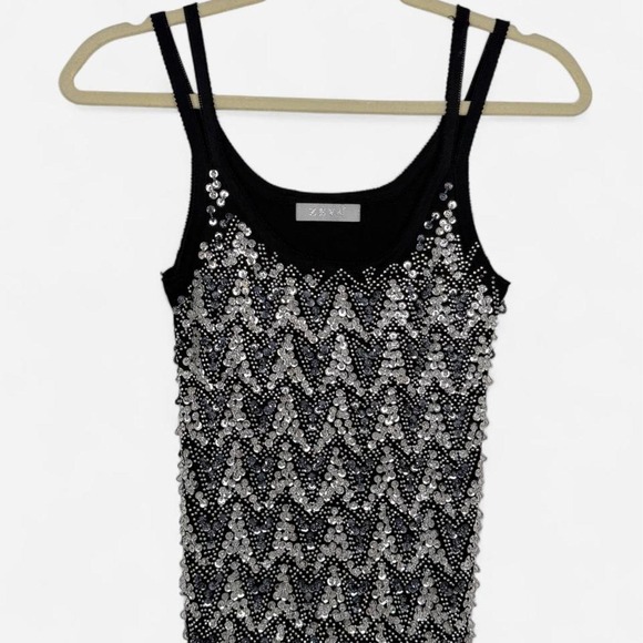 Tops - Vintage black sequin beaded cami top silver embellished party tank Y2K